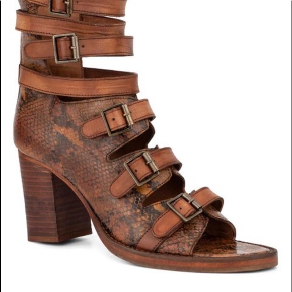 Vintage foundry co Embossed snakeskin multi buckle ankle heel